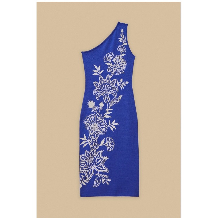 Farm Rio Porcelain Garden Blue Knit Midi One Shoulder Dress Size L New